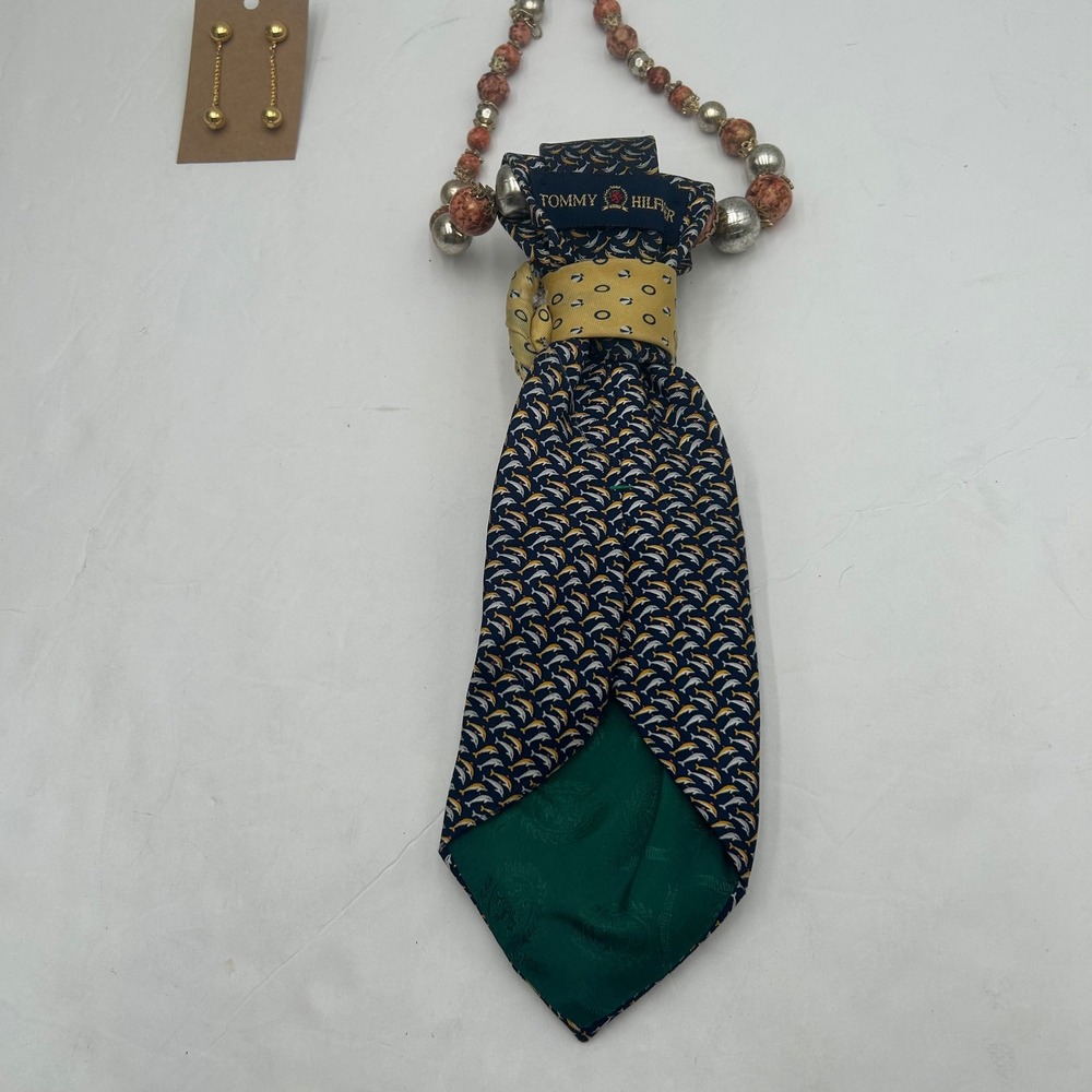 Tommy Hilfiger Upcycled Silk Tie Statement Necklace Mermaid Brooch Earring Set - Picture 5 of 10